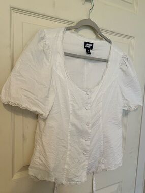 Lands' End White Button-Front Puff Sleeve Blouse with Lace Trim